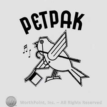 Bird with top hat and walking stick; word PETPAK written above.