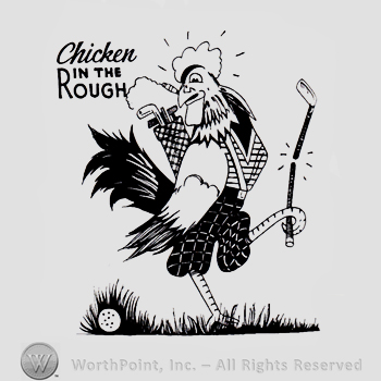 Rooster with golf playing outfit and text CHICKEN IN THE ROUGH written above.