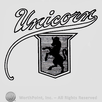 Shield with an unicorn shape; word UNICORN written above.