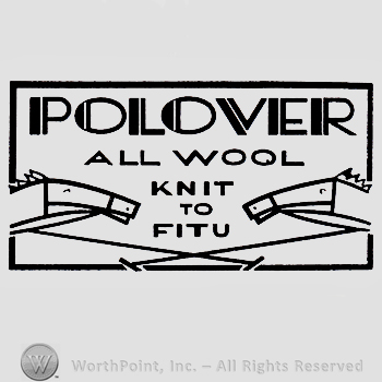 Two horses and text: POLOVER ALL WOOL KNIT TO FITU.