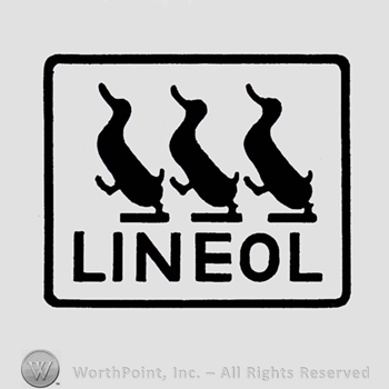 Three ducks and word LINEOL written bellow, all inside a square.