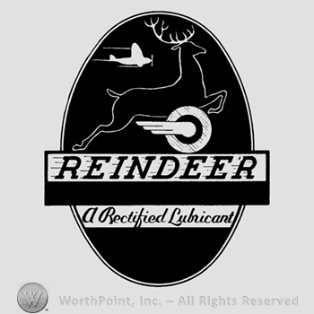 Reindeer and a little plane inside an oval; word REINDEER written over and A RECTIFIED LUBRICANT written bellow.