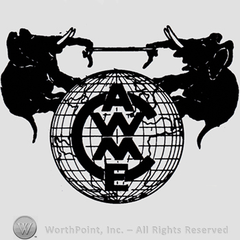 Two elephants fighting on Earth globe; monogram of letters CAWMW in the middle.