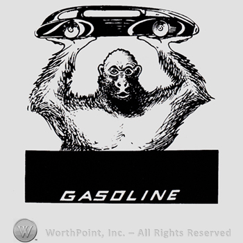 Monkey with a car above the head and word GASOLINE written bellow.