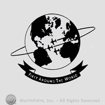 The world and three airplanes; text FIRST AROUND THE WORLD written bellow.