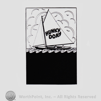 Boat on the sea and HUNKY DORY written on the sail.