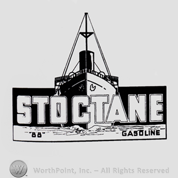 Ship and words STOCTANE 88 GASOLINE.Text CHICAGO GREAT WESTERN and an engine, all inside a circle.