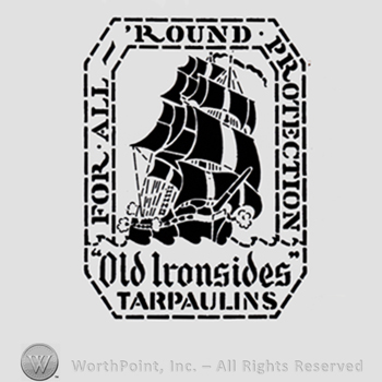 Ship inside a rectangular; text OLD IRONSIDES TARPAULINS written bellow and text FOR ALL ROUND PROTECTION written on the edge.