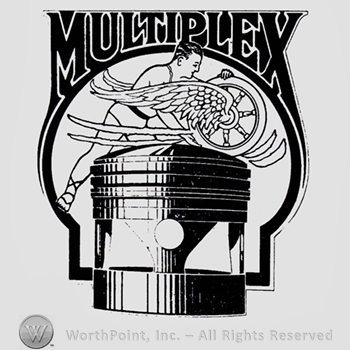 Winged wheel, a man, an engine and word MULTIPLEX written above.