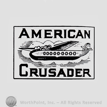 Words AMERICAN CRUSADER and a plane, all inside a rectangle.