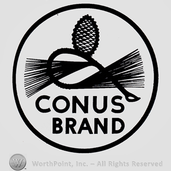 A fir cone and words CONUS BRAND, all inside a circle.