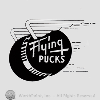 Winged wheel and words FLYING PUCKS written over.
