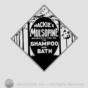 Text: MACKIE'S MULSOPINE AN EMULSIVE PINE OIL FOR SHAMPOO AND BATH, inside a black oval, and all this inside a diamond with the picture of a forest.