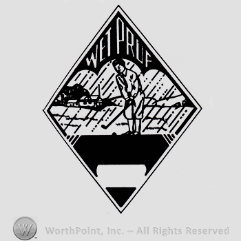 Man playing golf and word WET PRUF, all inside a diamond.