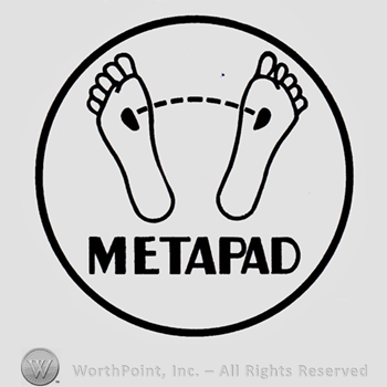 Two feets and word METAPAD written inside a circle.