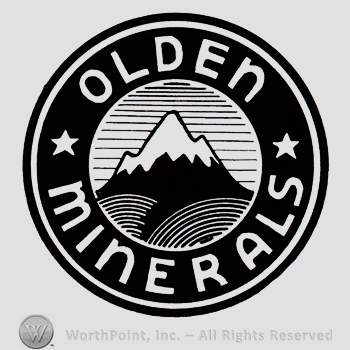 Picture of a mountain inside a double circle; words OLDEN MINERALS written on the edge.