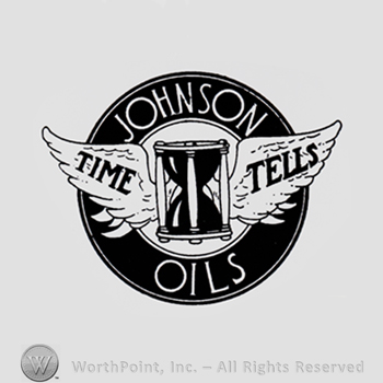 Hourglass and wings inside a circle; words TIME TELLS written on the wings and JOHNSON OILS written on the edge.