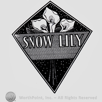 Three flowers and words SNOW LILY written inside a diamond.