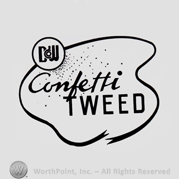 Words CONFETTI TWEED written inside an irregular shape.
