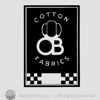 Monogram of letters OB, words COTTON FABRICS, all inside a black rectangle.
