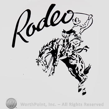 Word RODEO written above a cowboy on his horse.