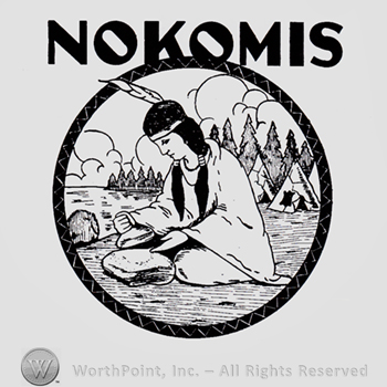 Indian woman inside a circle and word NOKOMIS written above.