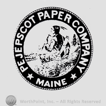 Indian warrior inside a circle; text PEJEPSCOT PAPER COMPANY MAINE written on the edge of the circle.