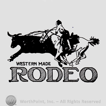 Rider chasing a bull and words WESTERN MADE RODEO written bellow.