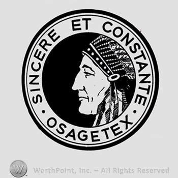 Indian chief inside a circle; text SINCERE ET CONSTANTE OSAGETEX written on the edge.