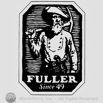 Man with gun and pickaxes inside a rectangle; words FULLER SINCE '49 written bellow.