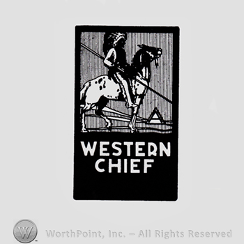 Indian chief above his horse and words WESTERN CHIEF written bellow.
