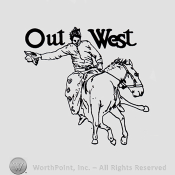 Rider on his horse and words OUT WEST written above.