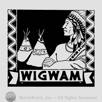 Indian chief and two tents inside a square and word WIGWAM written inside.