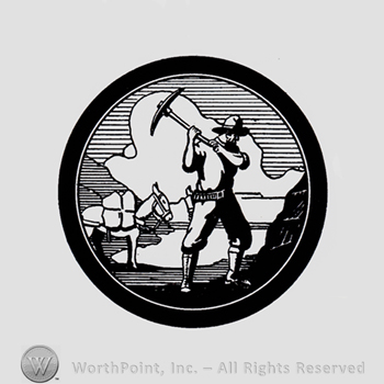 Working man with pickaxes and a donkey, all inside a circle.