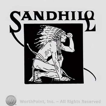 Indian warrior inside a black square; word SANDHILL written above.