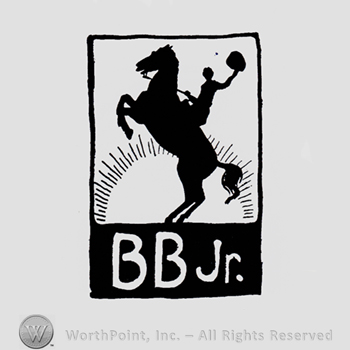 Man on his horse inside a square and letters BB JR written bellow.