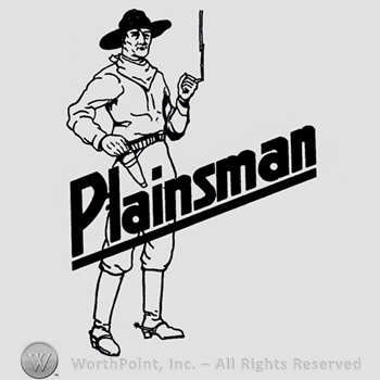 Man with hat and boots; word PLAINSMAN written bellow.
