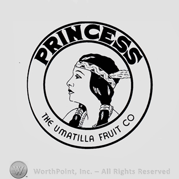 Indian girl inside a circle; words PRINCESS THE UMATILLA FRUIT CO written on the edge.