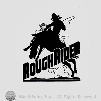 Cowboy on his rodeo horse and word ROUGHRIDER written bellow.