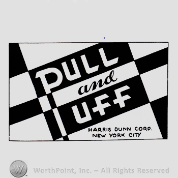 Text PULL AND UFF HARRIS DUNN CORP. NEW YORK CITY, all written inside a black and white rectangle.