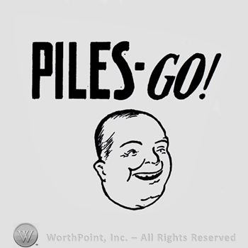 Fat man face and word PILES-GO! Written above.