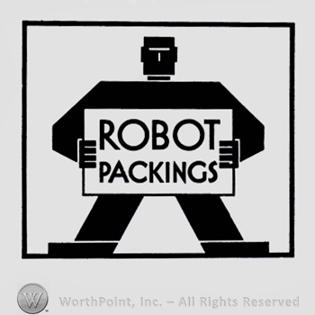 Robot with a placard and words ROBOT PACKINGS written on it.