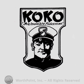 Man in uniform and word KOKO, all over a shield.