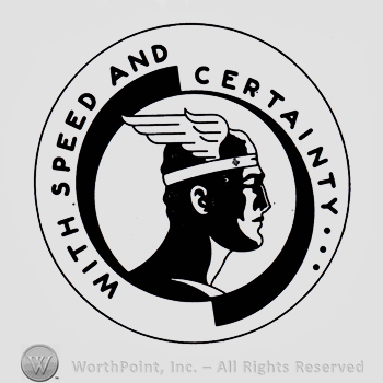 Winged man head inside a circle; text: WITH SPEED AND CERTAINTY written on the edge.