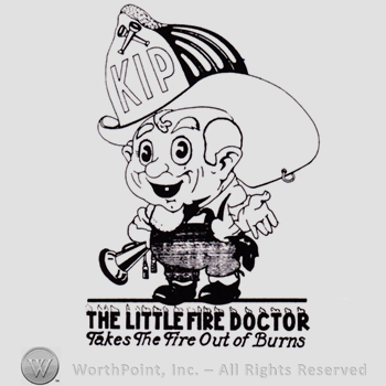 Little old fireman; text: THE LITTLE FIRE DOCTOR TAKES THE FIRE OUT OF BURNS, written bellow.