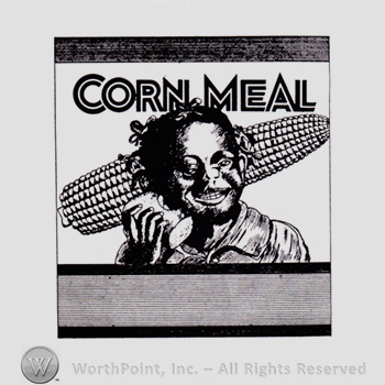 Black girl and corn, all inside a square; words CORN MEAL written above.