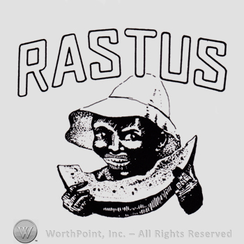 Black man eating watermellon, and word RASTUS written above.