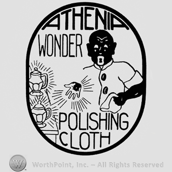 Black man inside an oval; text: ATHENIA WONDER POLISHING CLOTH written on the edge.