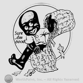 Little black man inside a peanut, and words SURE AM GOOD written on the left.