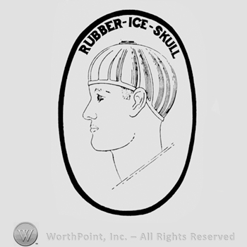 Man's head inside a circle; words RUBBER-ICE-SKULL written above.